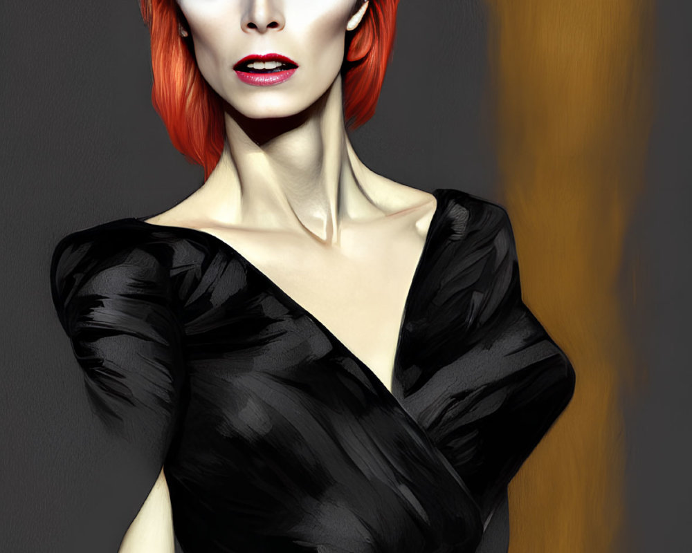 Stylized portrait of figure with red hair, blue eyeshadow, black dress, grey background