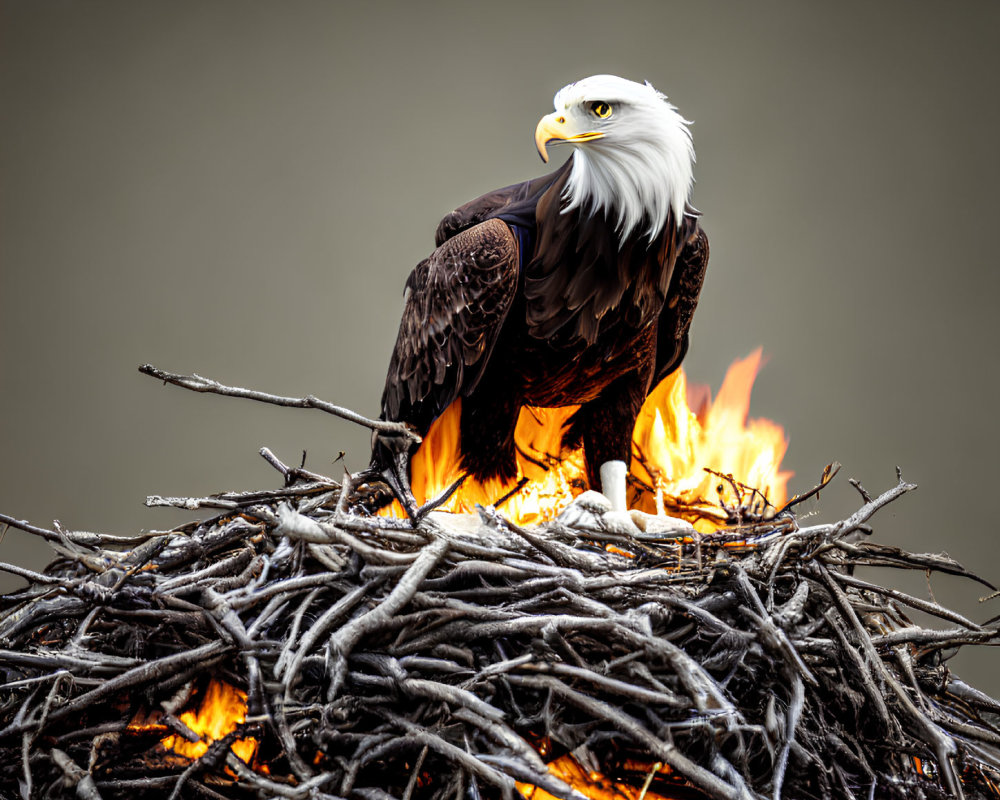 Bald Eagle on Nest with Flames Against Muted Background