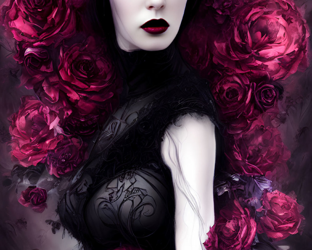 Pale Woman in Black Dress Surrounded by Red Roses: Gothic Romantic Vibes