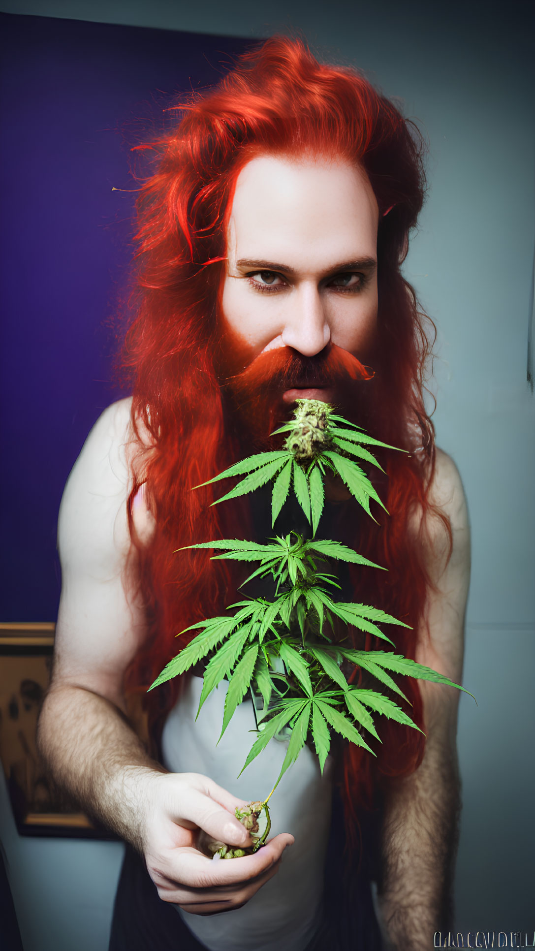 Person with Red Hair Holding Cannabis Leaf on Purple Background