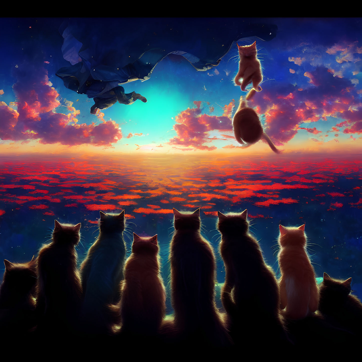 Cats watching colorful sky with playful cats nearby