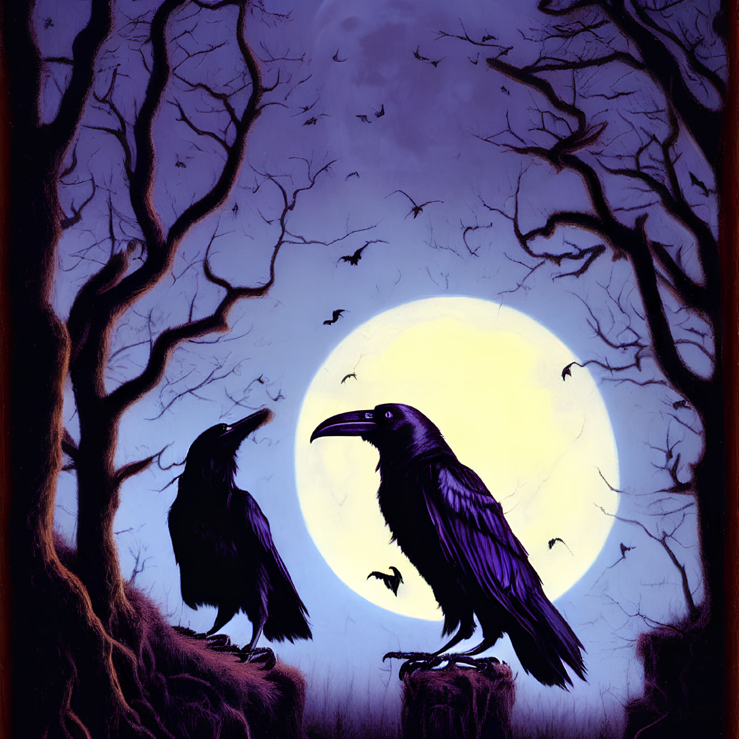 Ravens, Full Moon, Silhouetted Trees, Bats in Twilight Sky