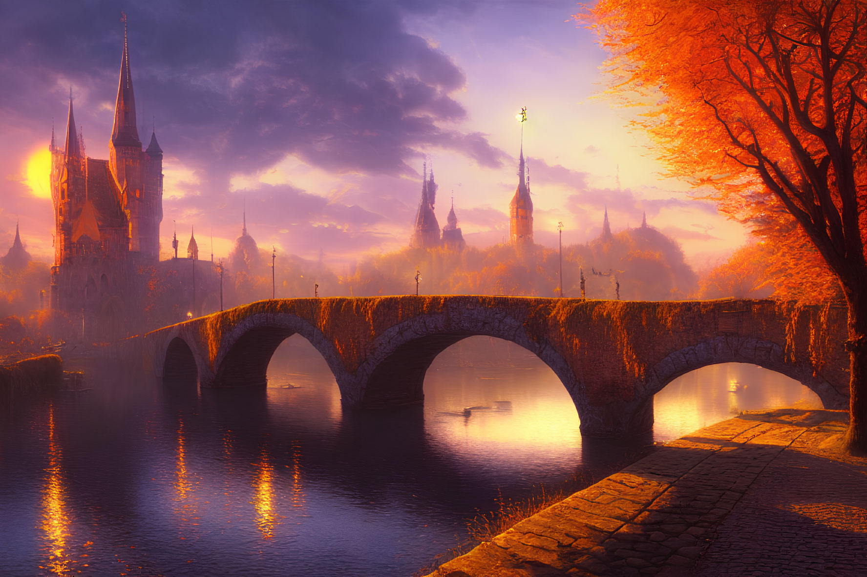 Majestic stone bridge and castle at serene sunset