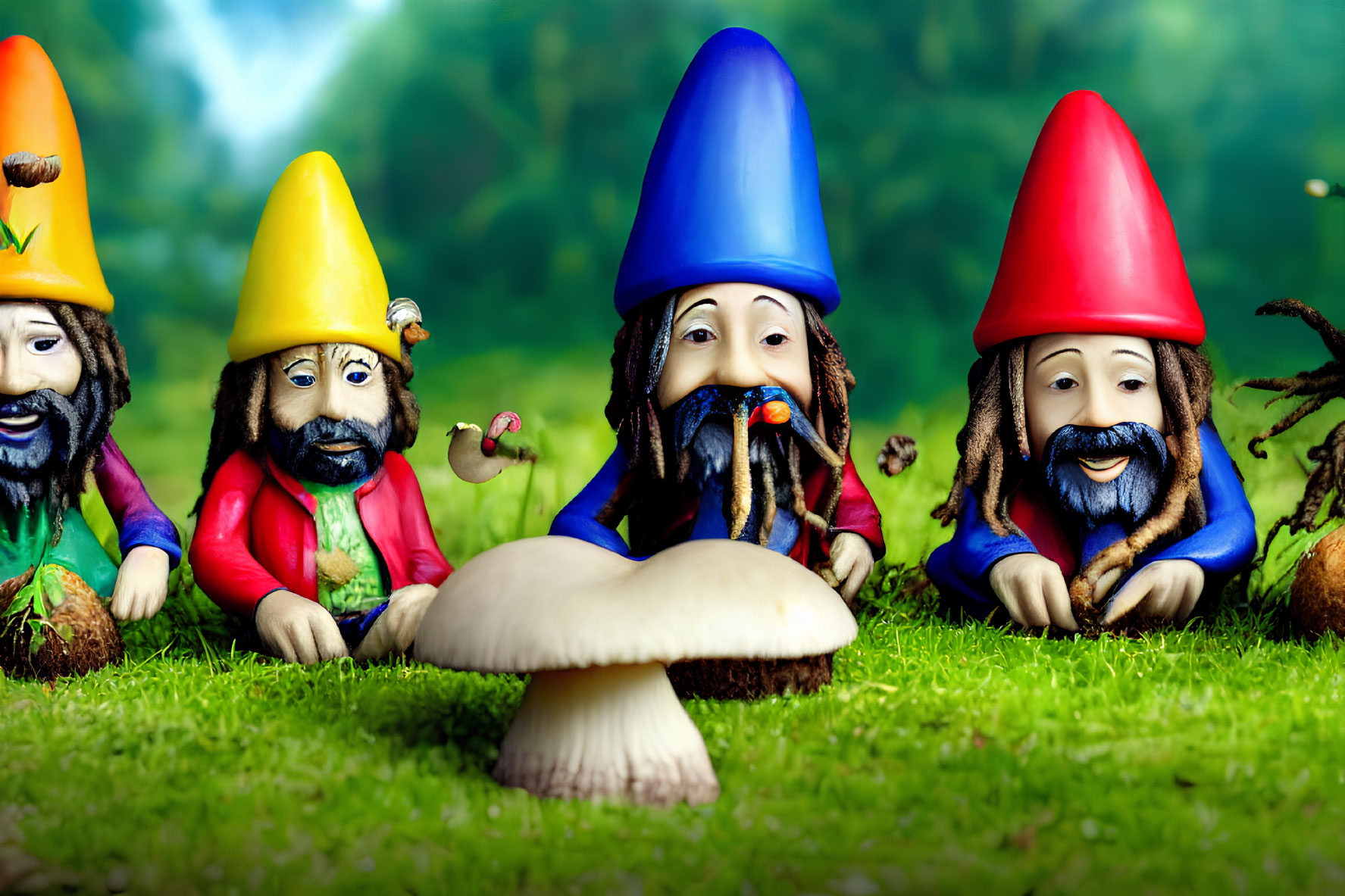 Colorful Garden Gnomes with Beards Behind Mushroom on Grassy Surface