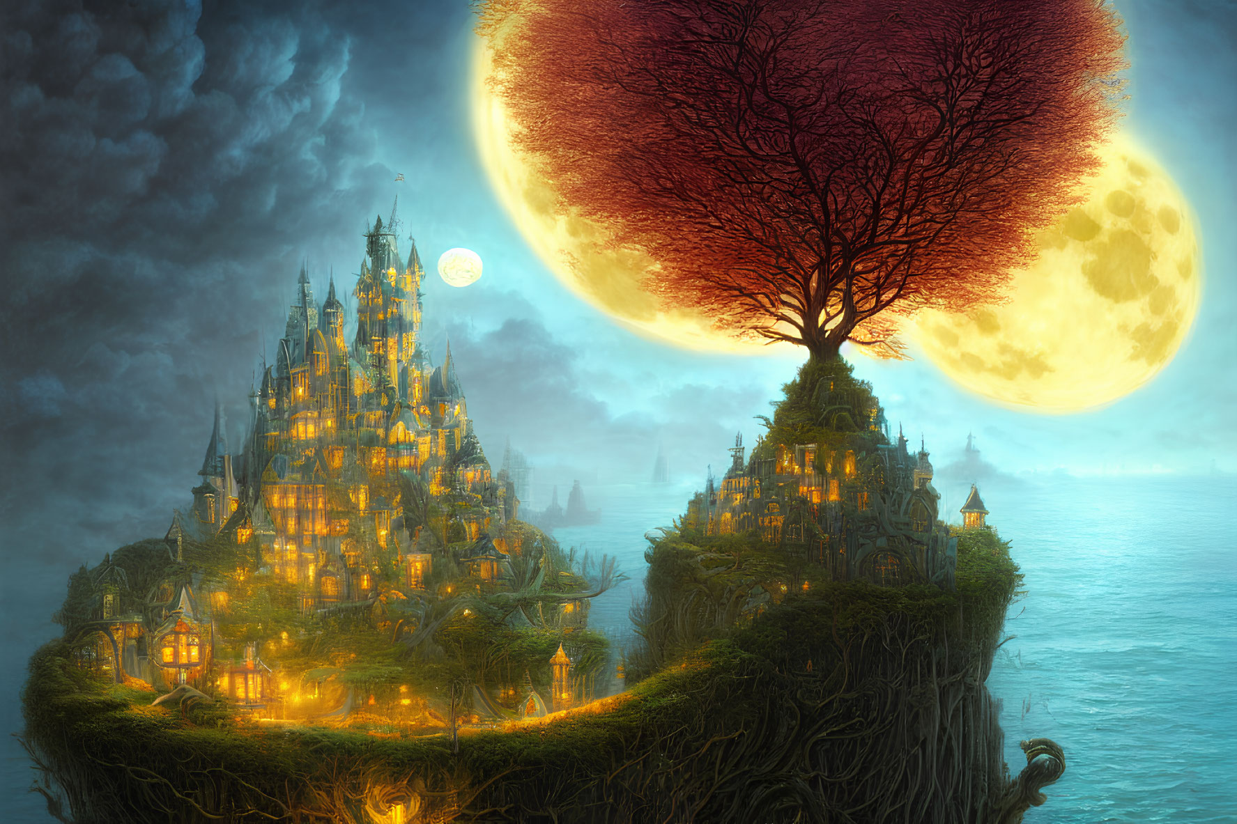 Illuminated castle, giant red tree, misty ocean: fantasy landscape.