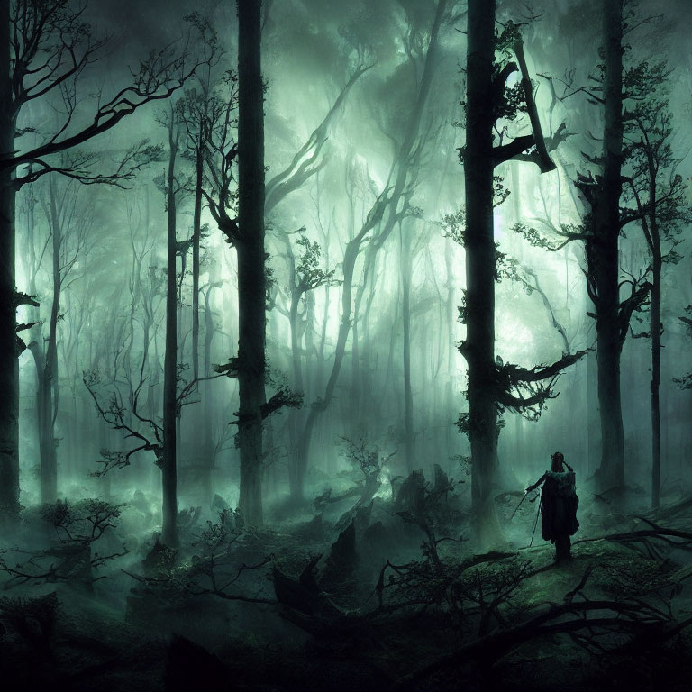 Misty forest scene with lone figure and eerie atmosphere