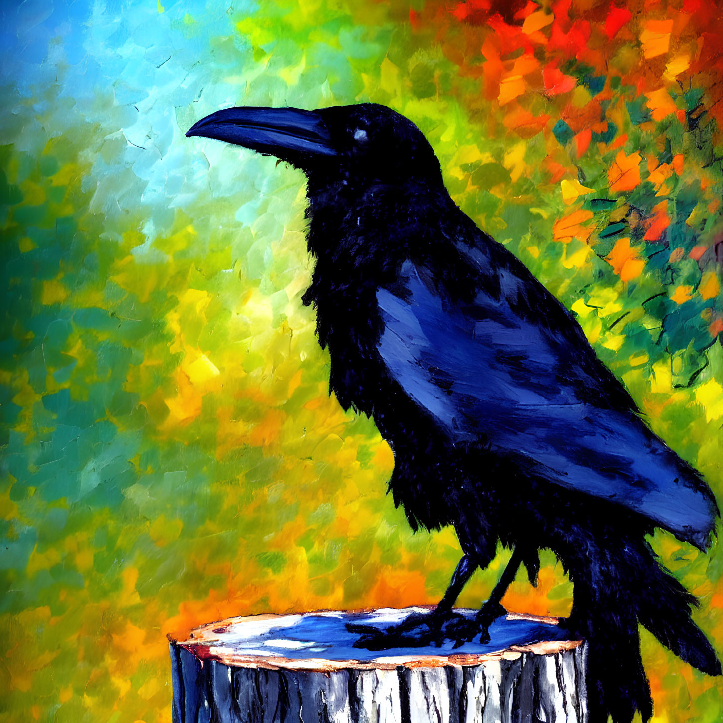 Colorful Impressionistic Painting of Black Crow on Stump