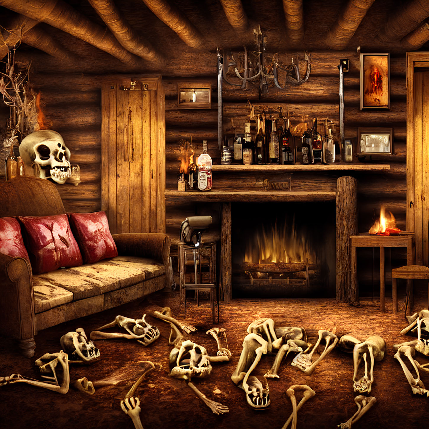 Creepy cabin interior with fireplace, human bones, couch, bar shelf, and skull.