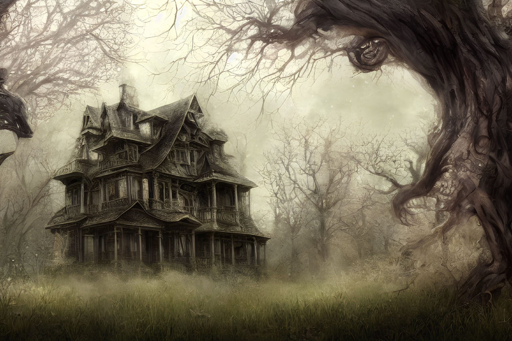 Eerie Victorian mansion in fog with gnarled trees