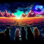 Cats watching colorful sky with playful cats nearby