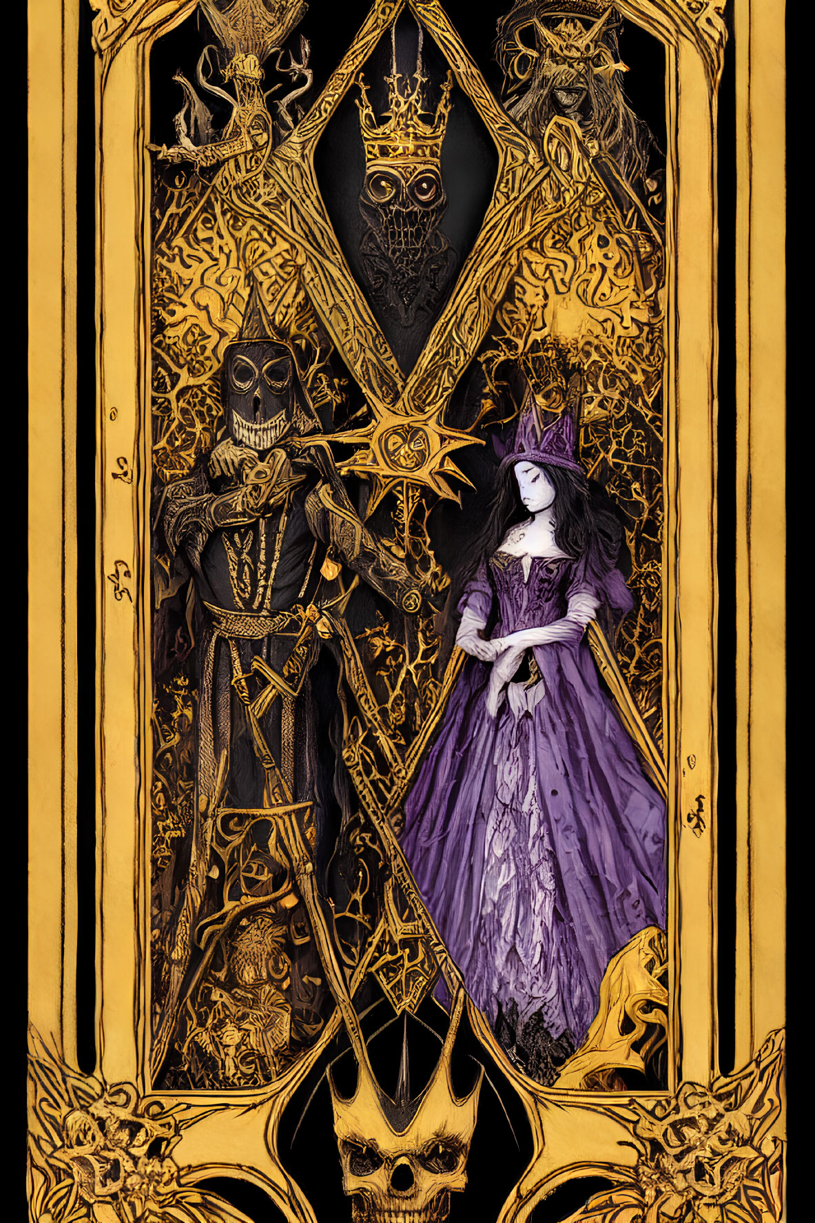 Gothic-style skeleton king and dark-haired queen in royal attire with golden frames.