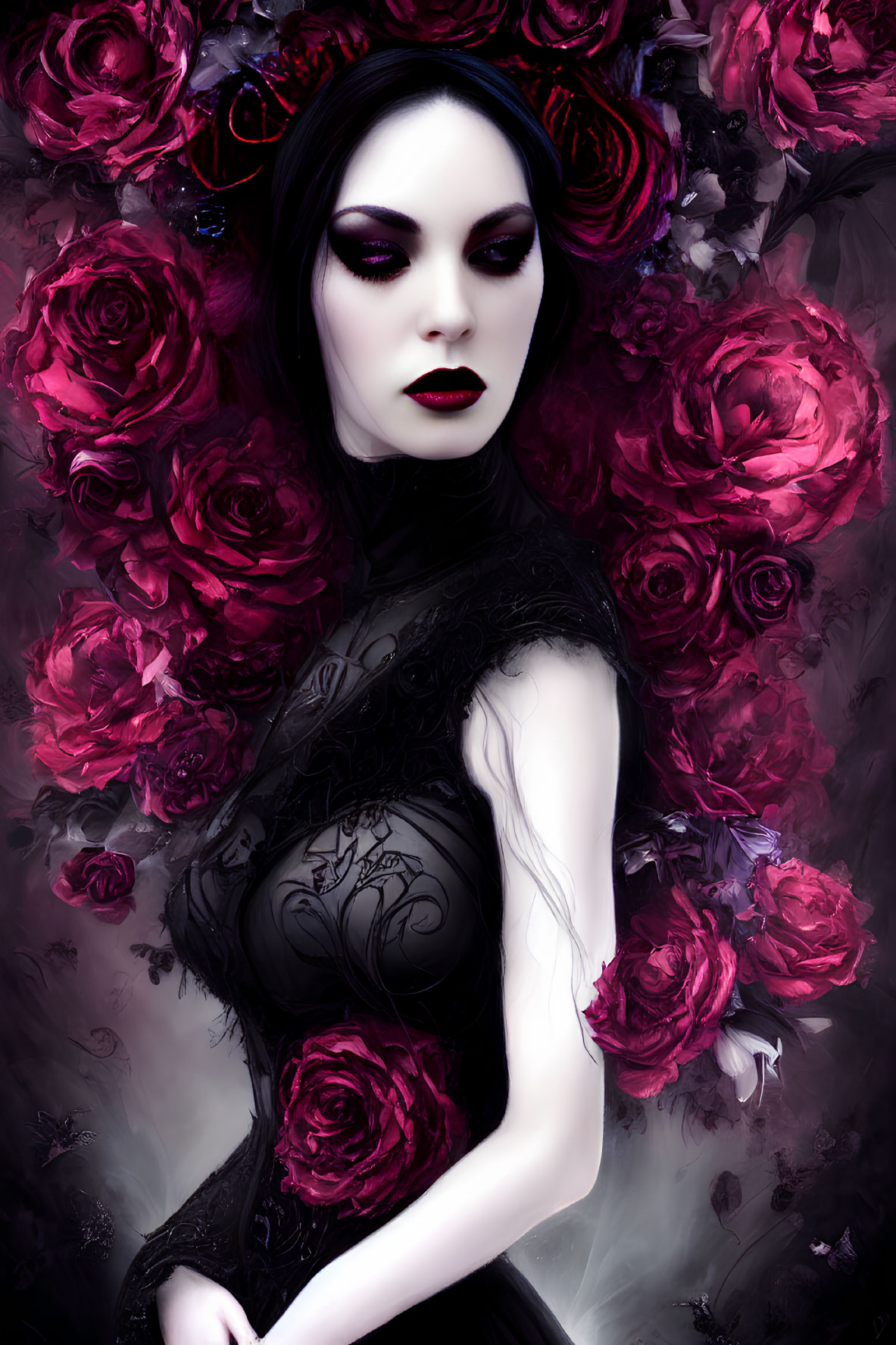 Pale Woman in Black Dress Surrounded by Red Roses: Gothic Romantic Vibes