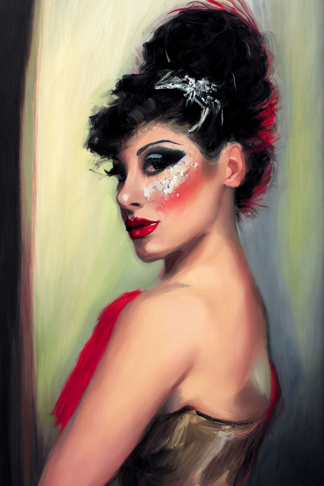 Portrait of woman with dramatic makeup and stylish updo in red accessory against abstract background