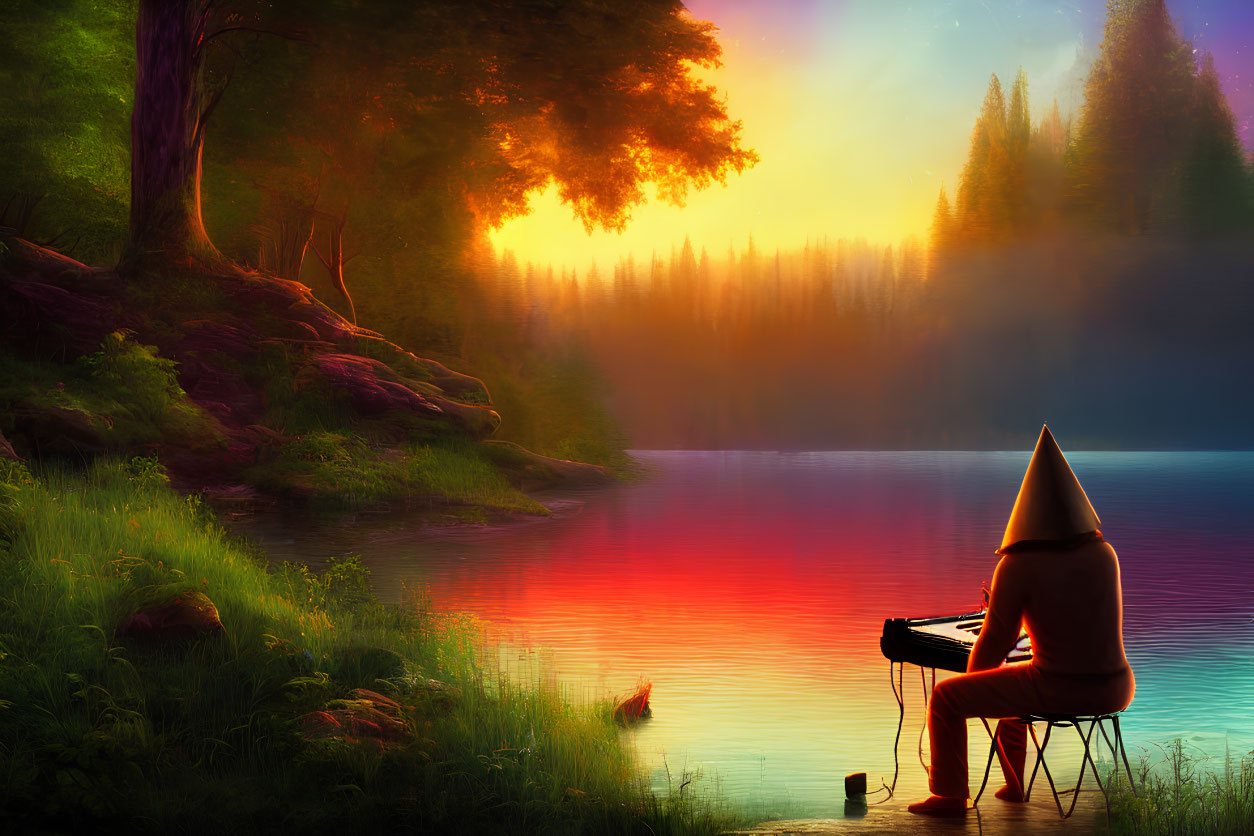 Person in cone-shaped hat plays piano by tranquil lake at sunset