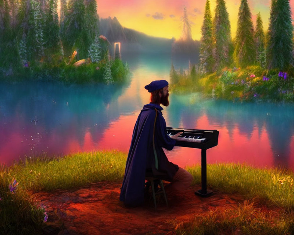 Keyboard player by serene lake at sunset with vibrant colors.