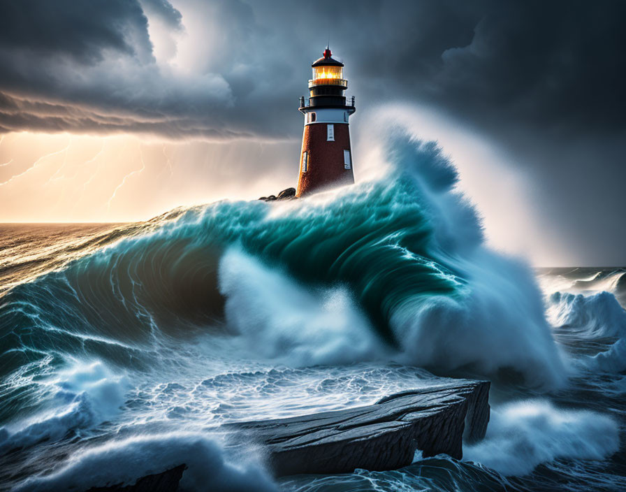 Towering lighthouse in stormy sea with lightning