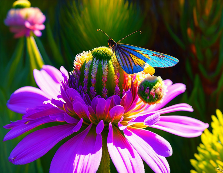 Vibrant blue butterfly on bright pink flower with green foliage