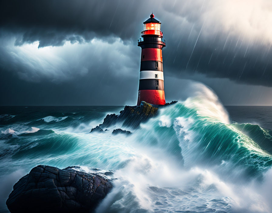 Striped lighthouse in stormy weather with crashing waves.