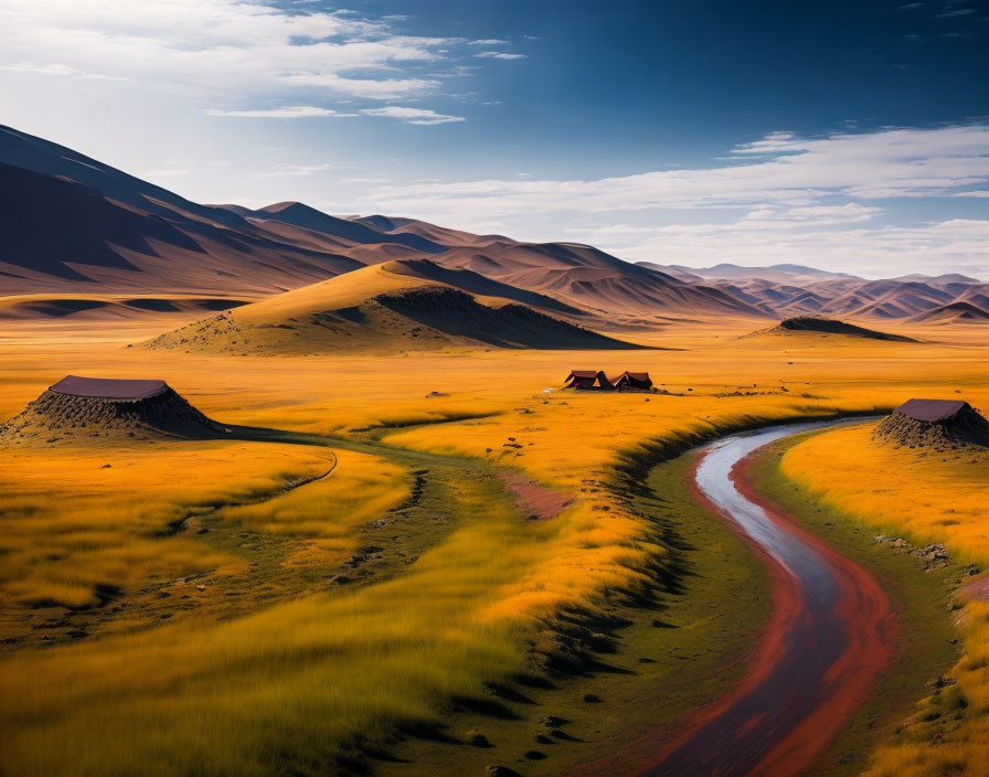 Reddish river winding through vibrant grassland with tents and towering sand dunes under hazy sky