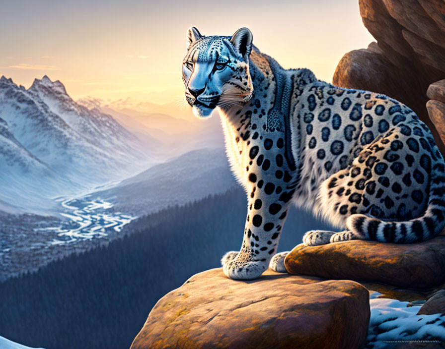 Snow leopard overlooking snow-covered landscape with river from rocky outcrop