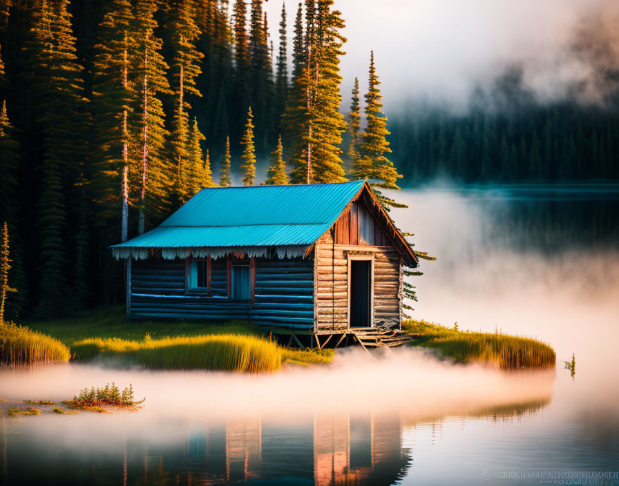 Wooden Cabin with Blue Roof Surrounded by Pines and Lake at Sunrise or Sunset