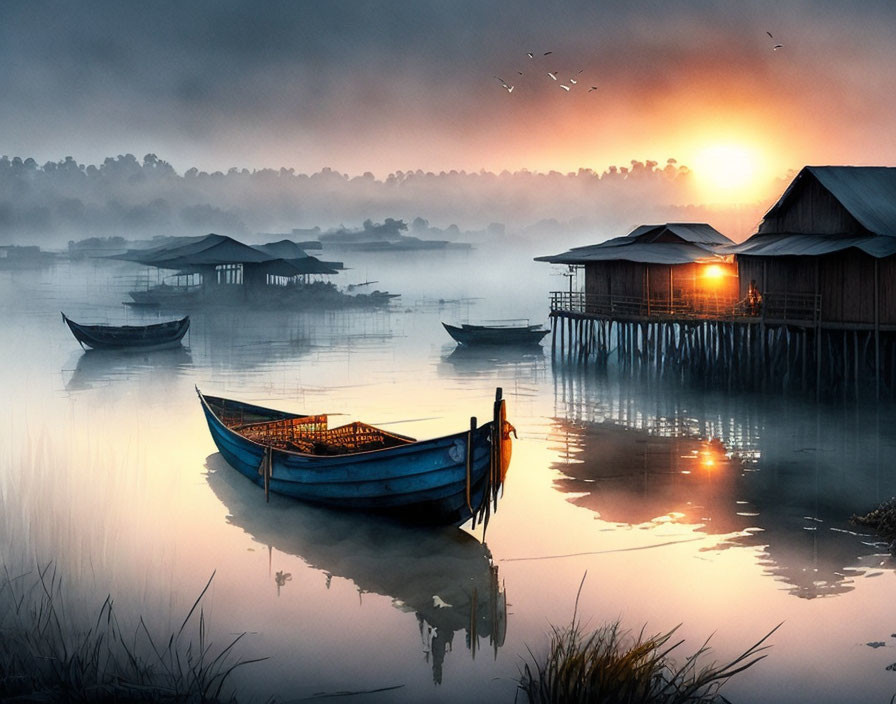 Serene lake sunrise with stilt houses and boats reflecting in misty ambiance