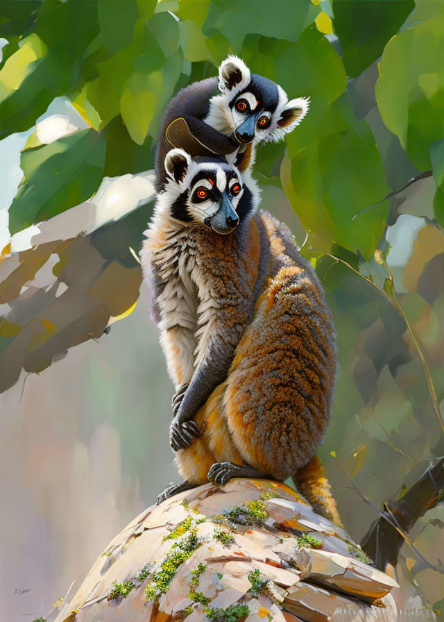 Ring-Tailed Lemurs Resting on Rock in Green Setting