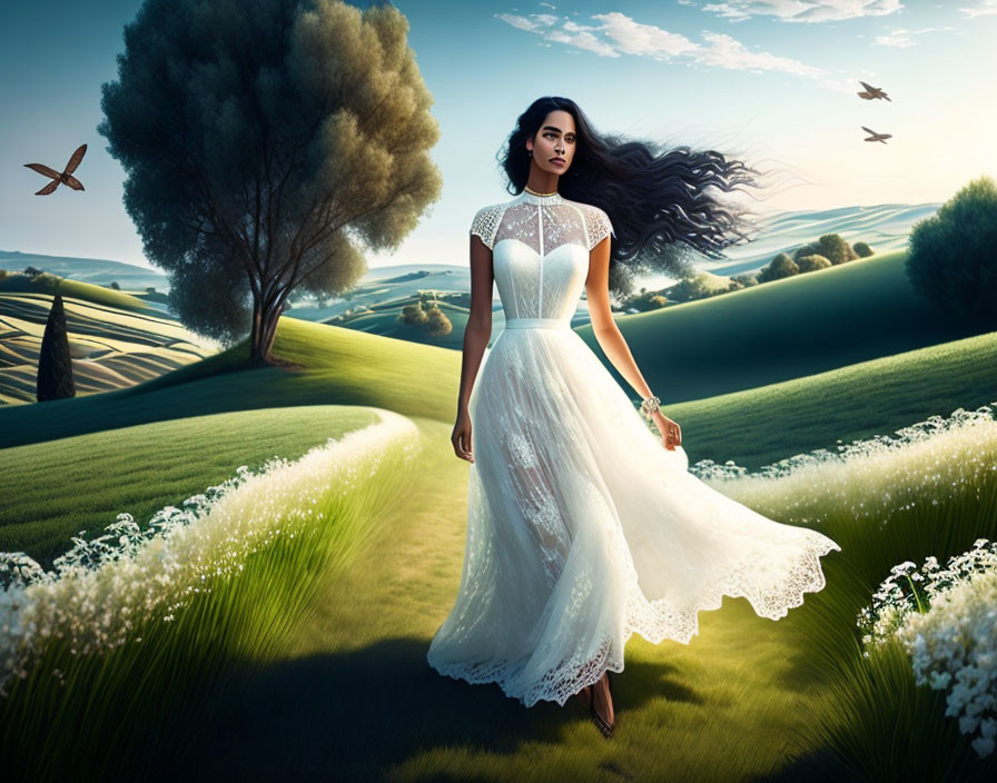 Woman in white dress in lush green field with rolling hills, trees, white flowers, and flying birds