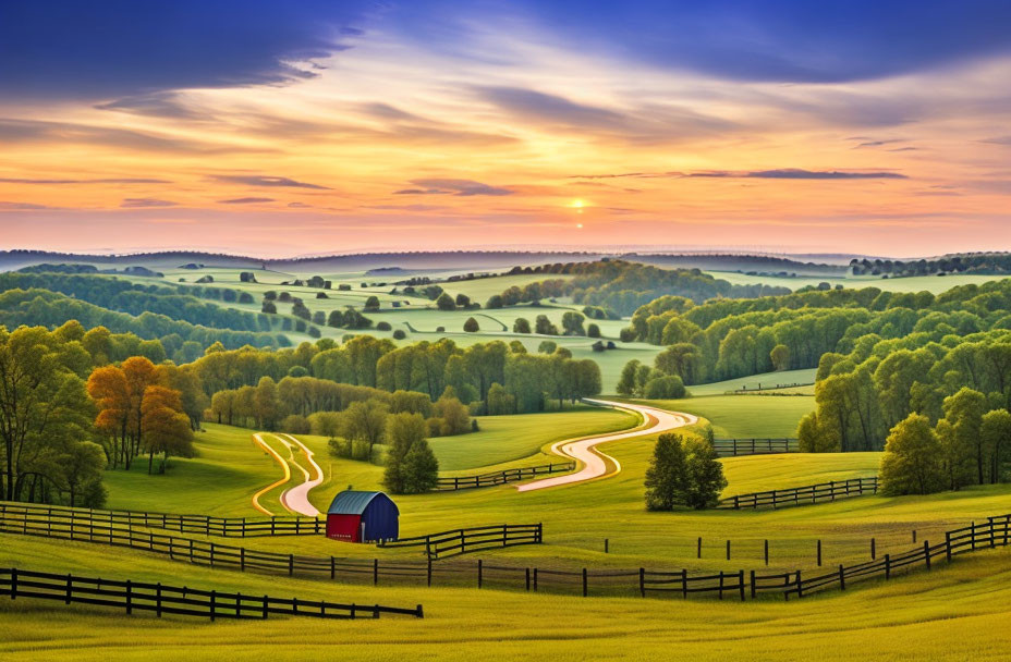 Scenic landscape with winding road, green hills, vibrant trees, sunset, and red-roofed