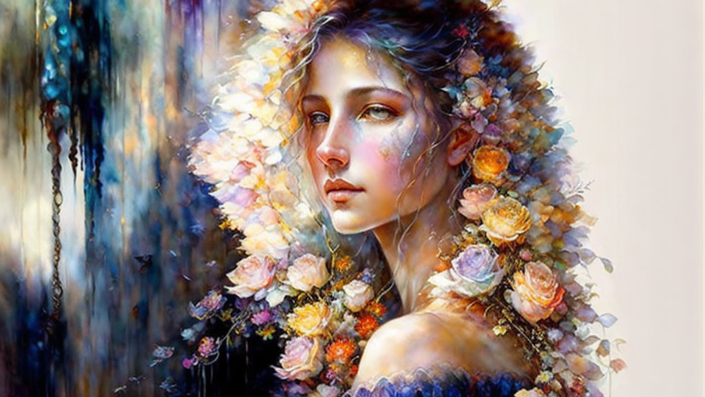 Young woman portrait with floral arrangement and water-paint textures.