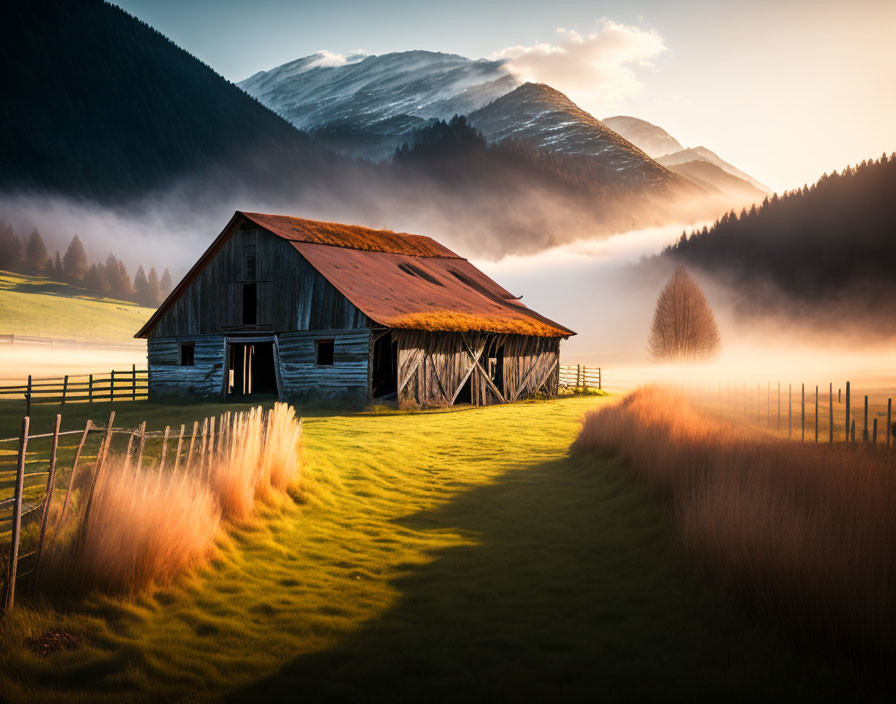 Misty mountain sunrise with rustic barn, tree, and warm light