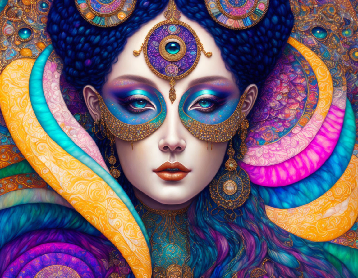 Colorful digital artwork featuring a woman with peacock feather motifs and vibrant makeup