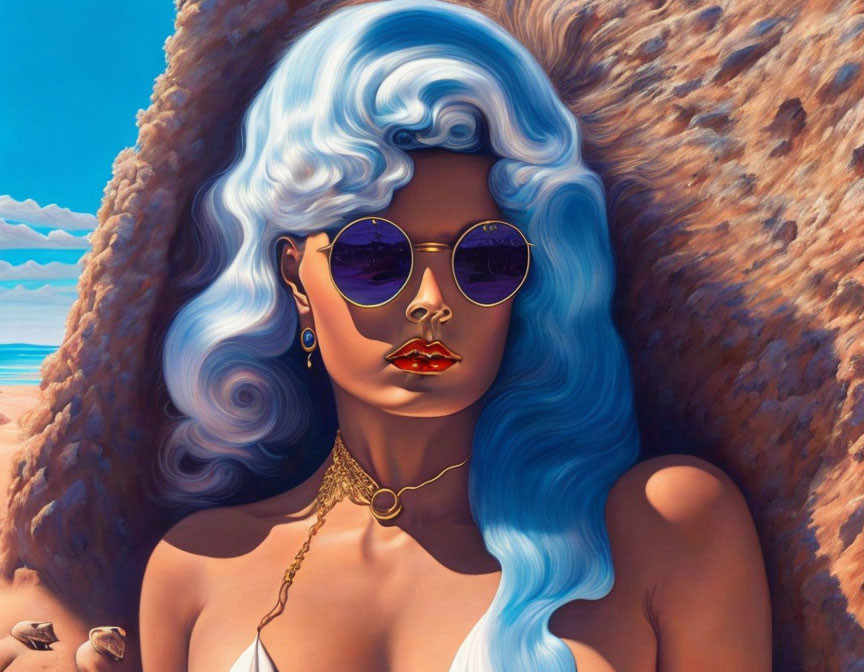 Stylized portrait of woman with blue hair and round sunglasses against rocky background