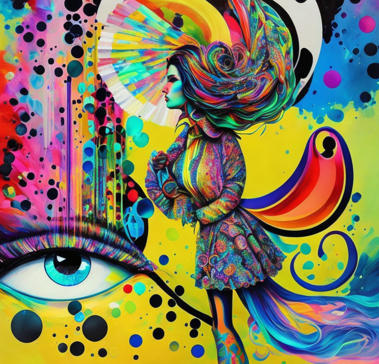 Colorful abstract artwork: Woman with swirling hair, eye, dots, wavy shapes