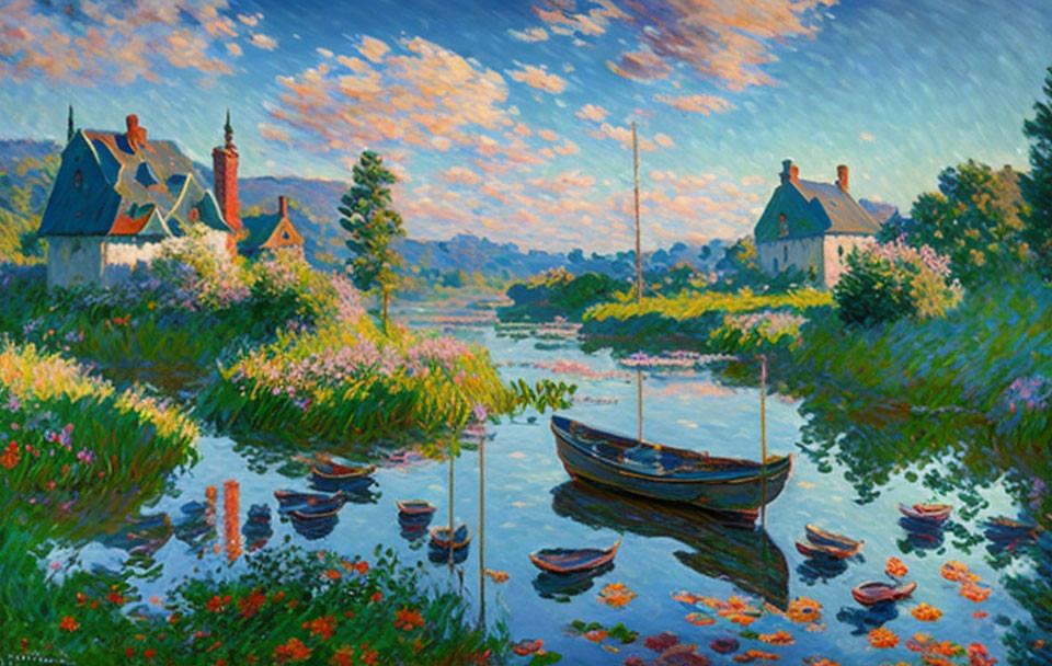 Tranquil river scene with boat, flowers, and houses at sunrise or sunset