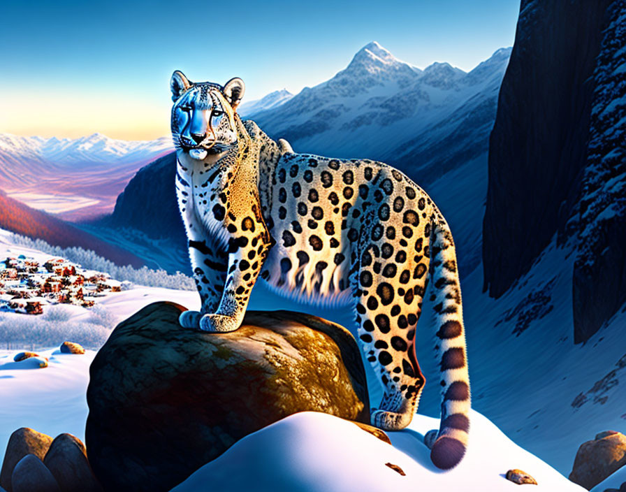 Snow leopard on rock in snowy mountain landscape at sunrise.