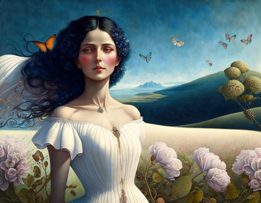 Dark-haired woman surrounded by butterflies in serene landscape