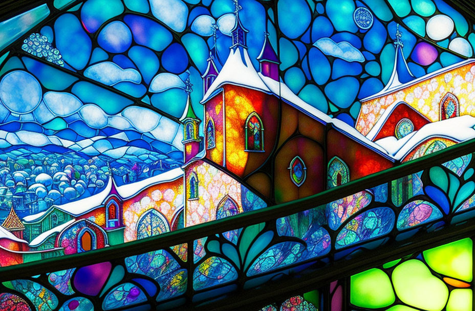 Colorful Stained Glass Style Village Illustration