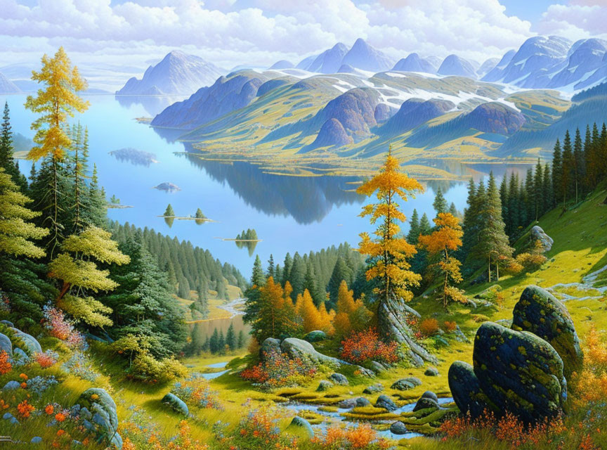 Colorful Autumn Landscape with Serene Lake & Snow-Capped Mountains