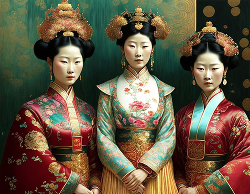 Three women in traditional East Asian attire with intricate patterns and headpieces against patterned backdrop