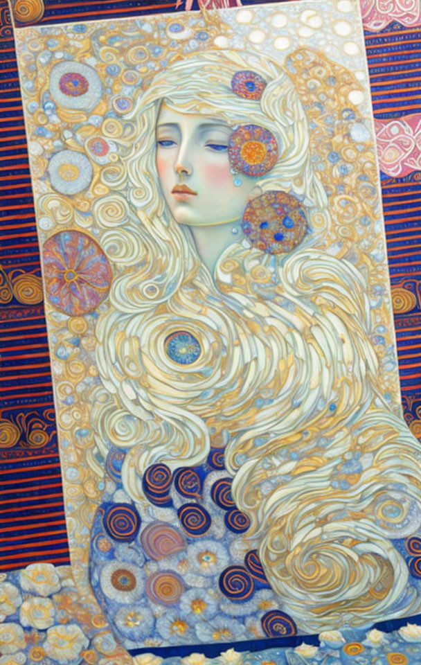 Colorful artistic painting of a woman with golden hair and circular patterns