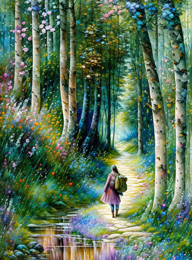 Person Walking on Vibrant Forest Path with Lush Trees and Wildflowers