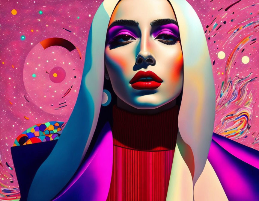 Colorful digital artwork of a woman in cosmic setting with abstract patterns.