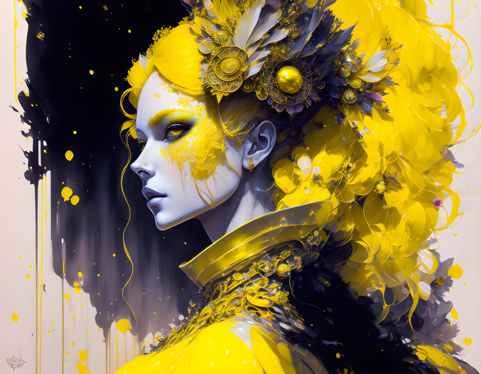 Woman with Yellow Floral Adornments and Dramatic Makeup