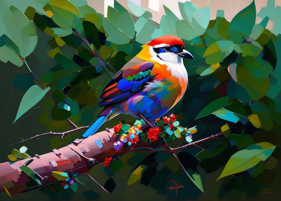 Colorful Bird Perched on Branch with Green Leaves