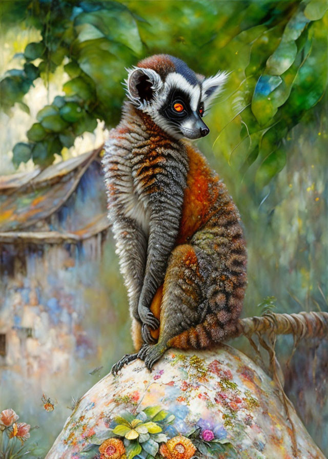 Realistic painting of ring-tailed lemur on globe with flowers in lush green setting