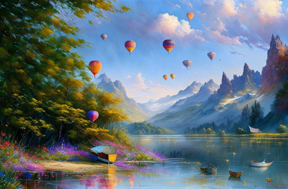 Tranquil lake with mountains, hot air balloons, boats, and vibrant flora