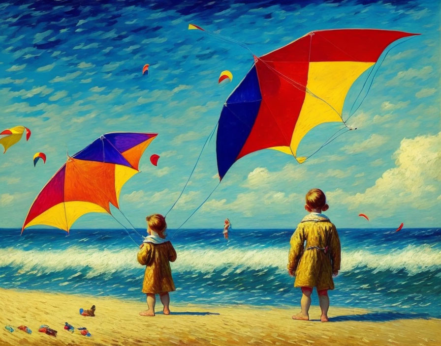 Children in yellow coats flying colorful kites on beach with blue sky.