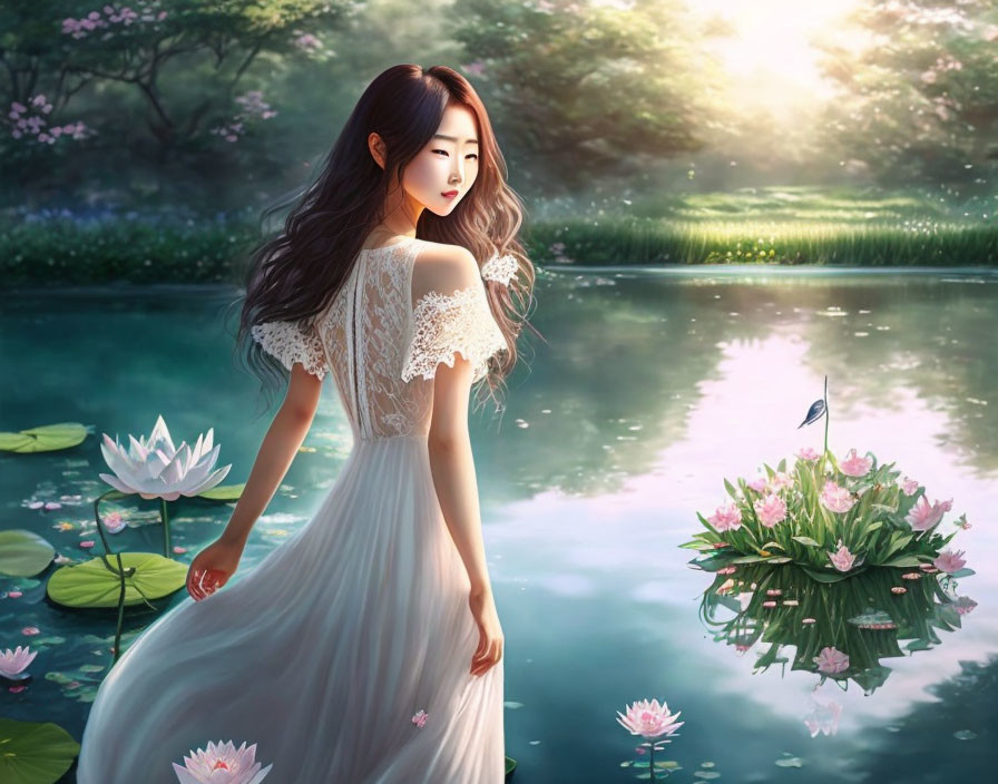 Woman in white dress by lotus pond in serene illustration