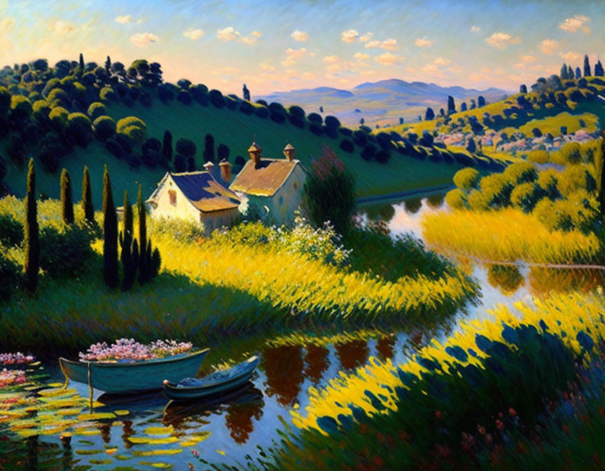 Serene river with boat and flowers in pastoral landscape